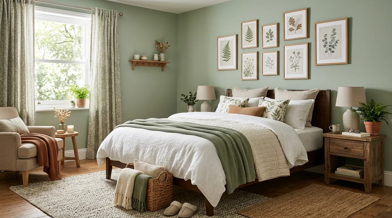 Bring in plants only where they support the mood inspiration for a sage green bedroom.